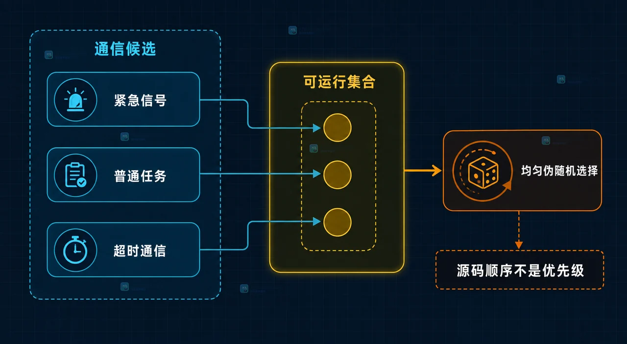Go select 两阶段非阻塞探测中紧急信号、普通任务、退避门和审计指标之间的静态关系图