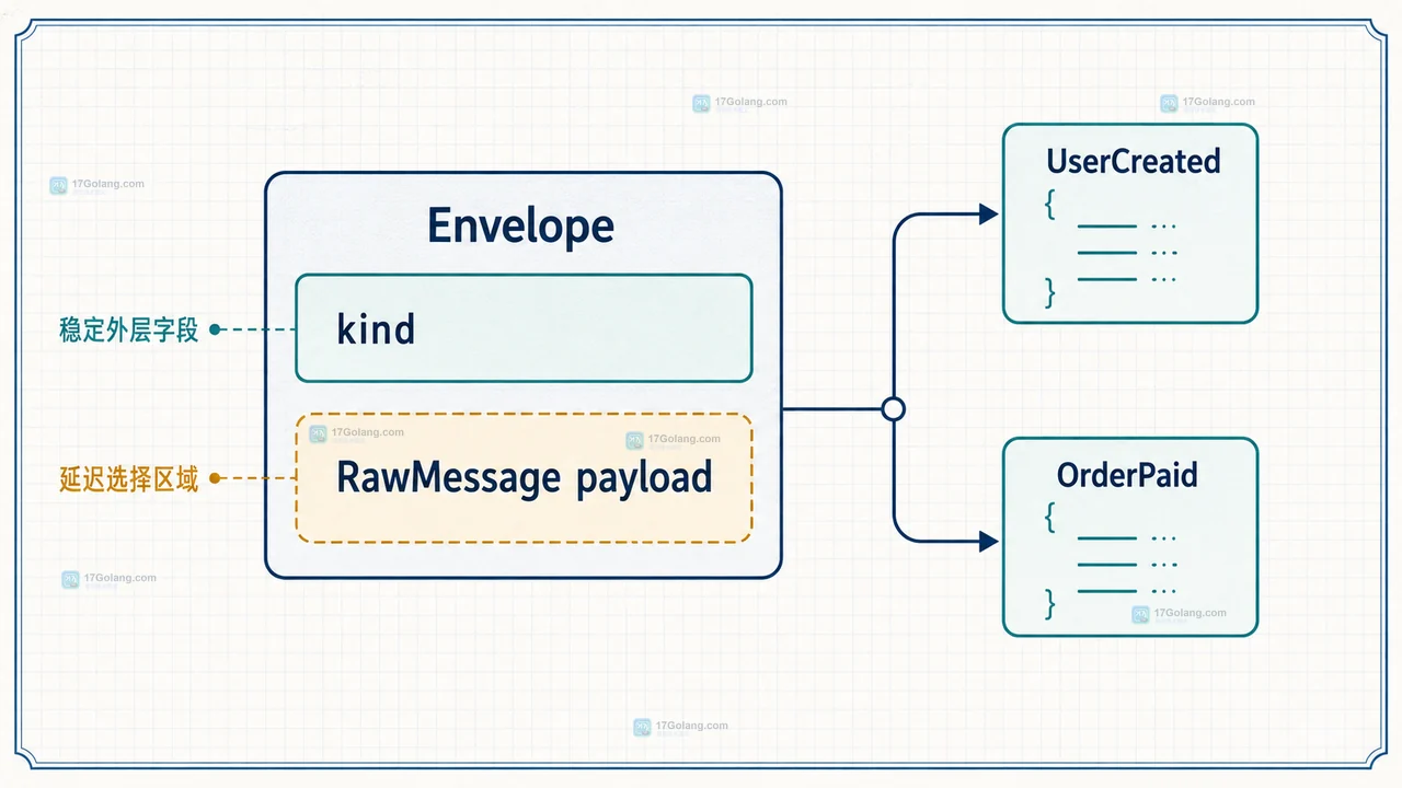 Go 多态 JSON 从 kind 白名单分派到 UserCreated 或 OrderPaid 结构体并统一返回错误的静态关系图