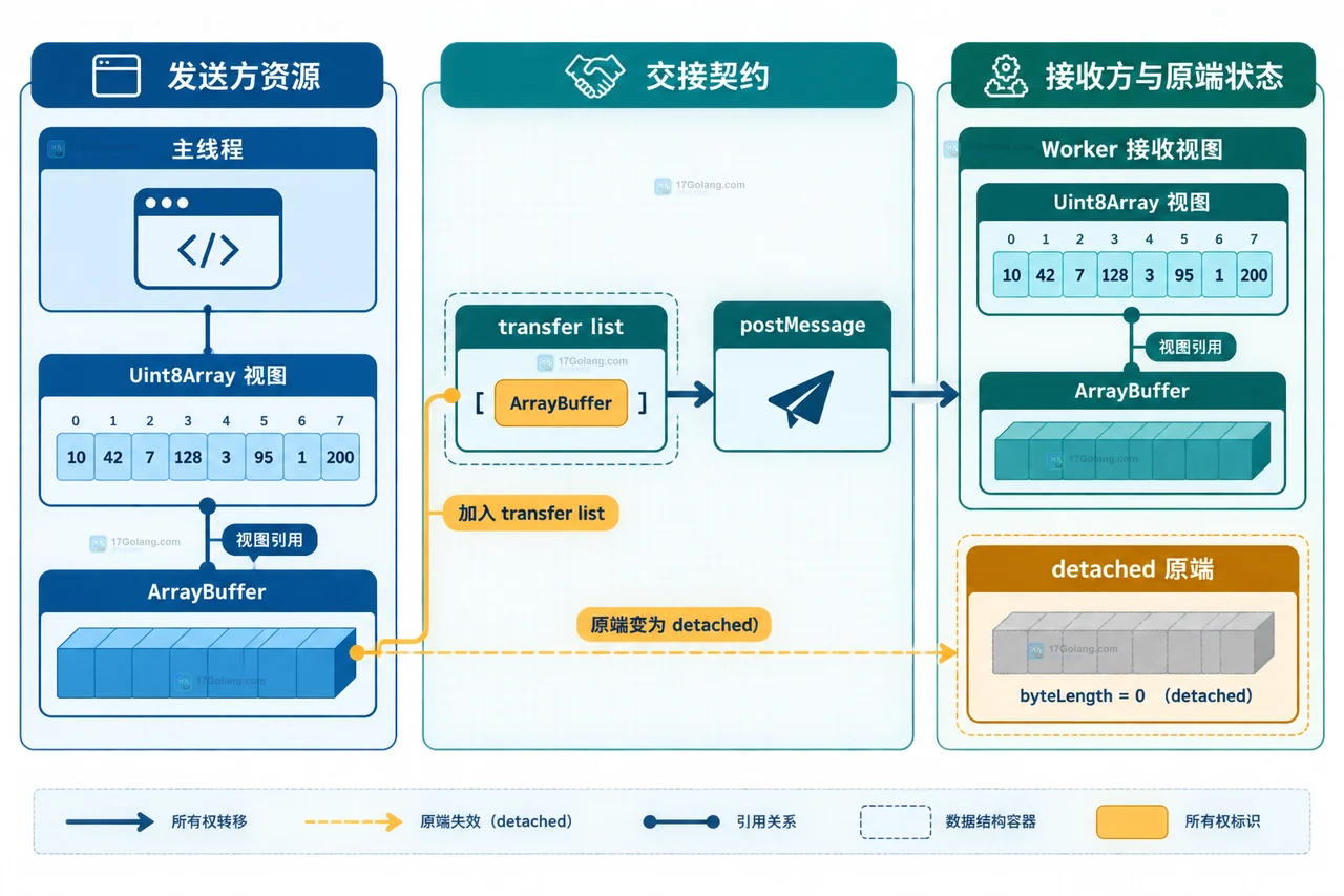 主线程与 Web Worker 之间普通对象经过 structured clone 形成两个独立对象的静态结构图