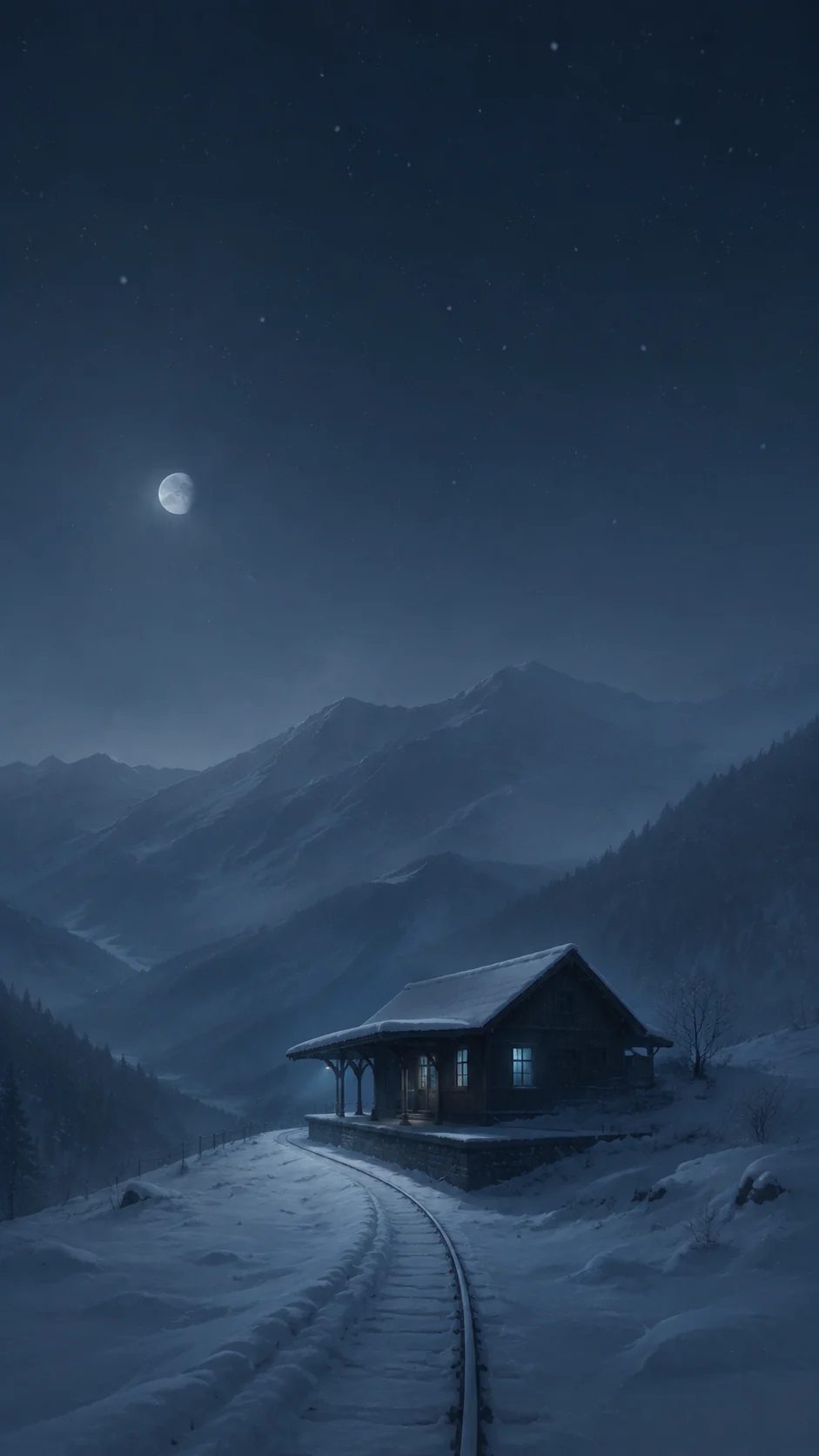 雪夜山间车站手机壁纸主图,暖色小站位于下半部,蓝灰远山和顶部暗部形成锁屏层次