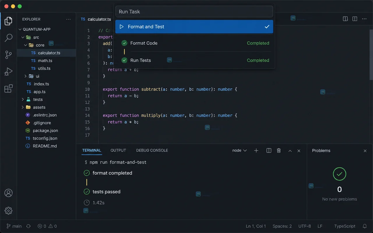 VS Code 类原创界面中打开 .vscode/tasks.json，显示 Format、Test 和组合任务字段
