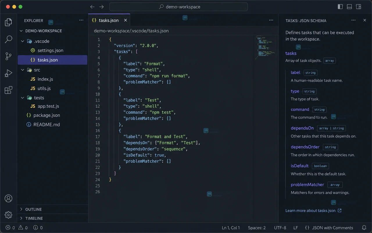 VS Code 类原创界面中运行 Format and Test，终端先显示格式化完成再显示测试通过
