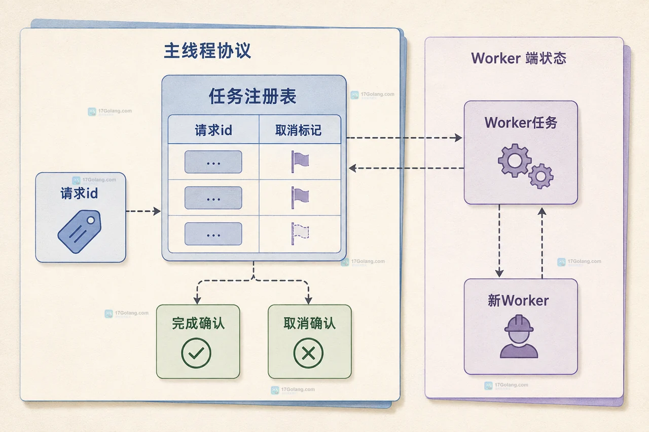 Web Worker 请求 id、取消标记、完成确认和取消确认的静态协议关系图
