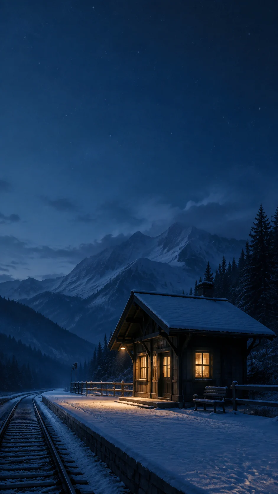 暮紫雪夜山间车站手机壁纸,橙红侧光勾勒屋檐和月台边缘并保留顶部锁屏留白