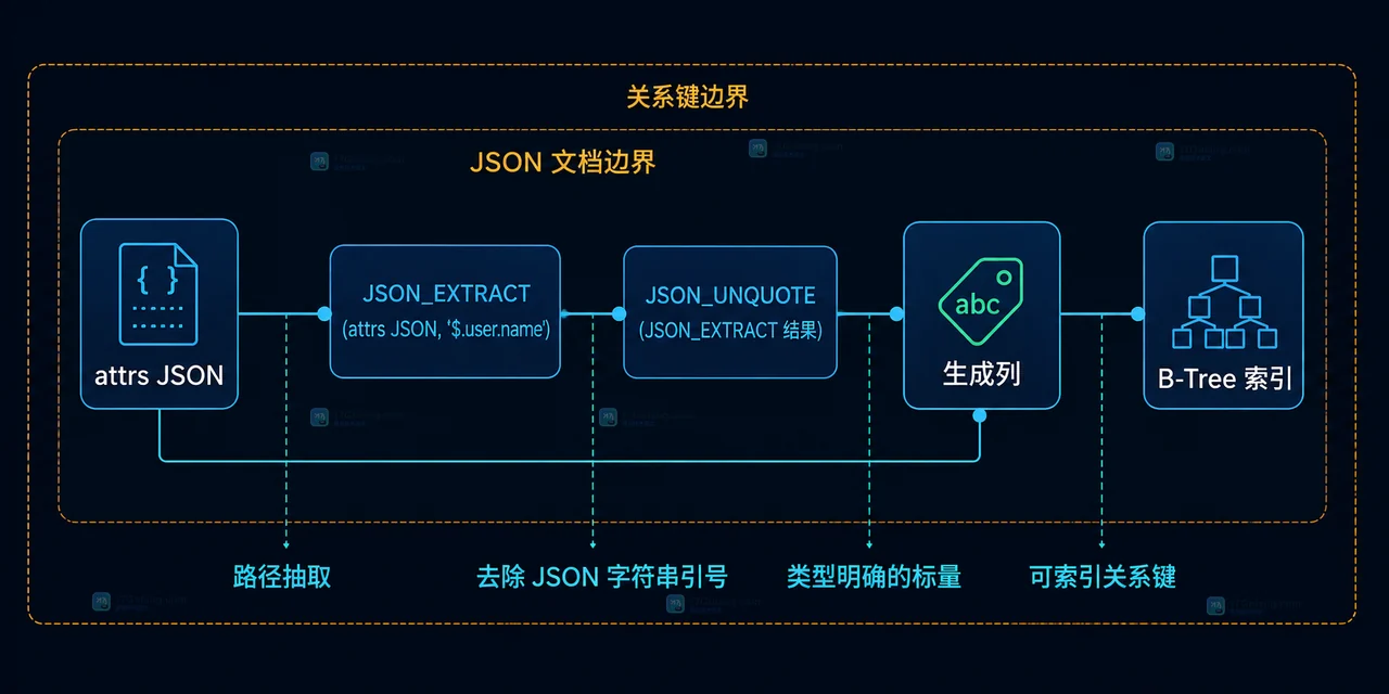 MySQL 生成列索引查询结构图,展示 JSON 路径、类型明确的生成列、联合索引和 EXPLAIN 检查字段的静态关系