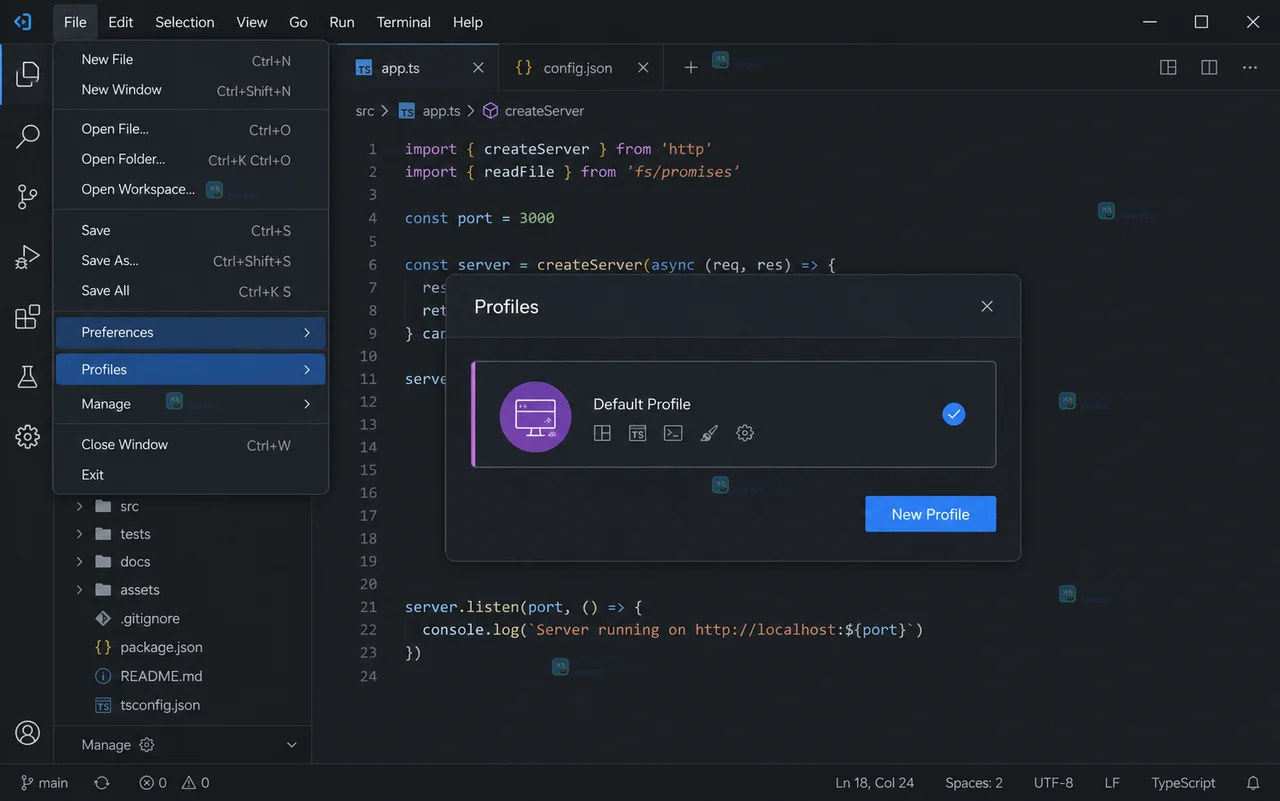 VS Code 风格原创 Profiles 新建界面显示 Frontend 名称和 Contents 配置项