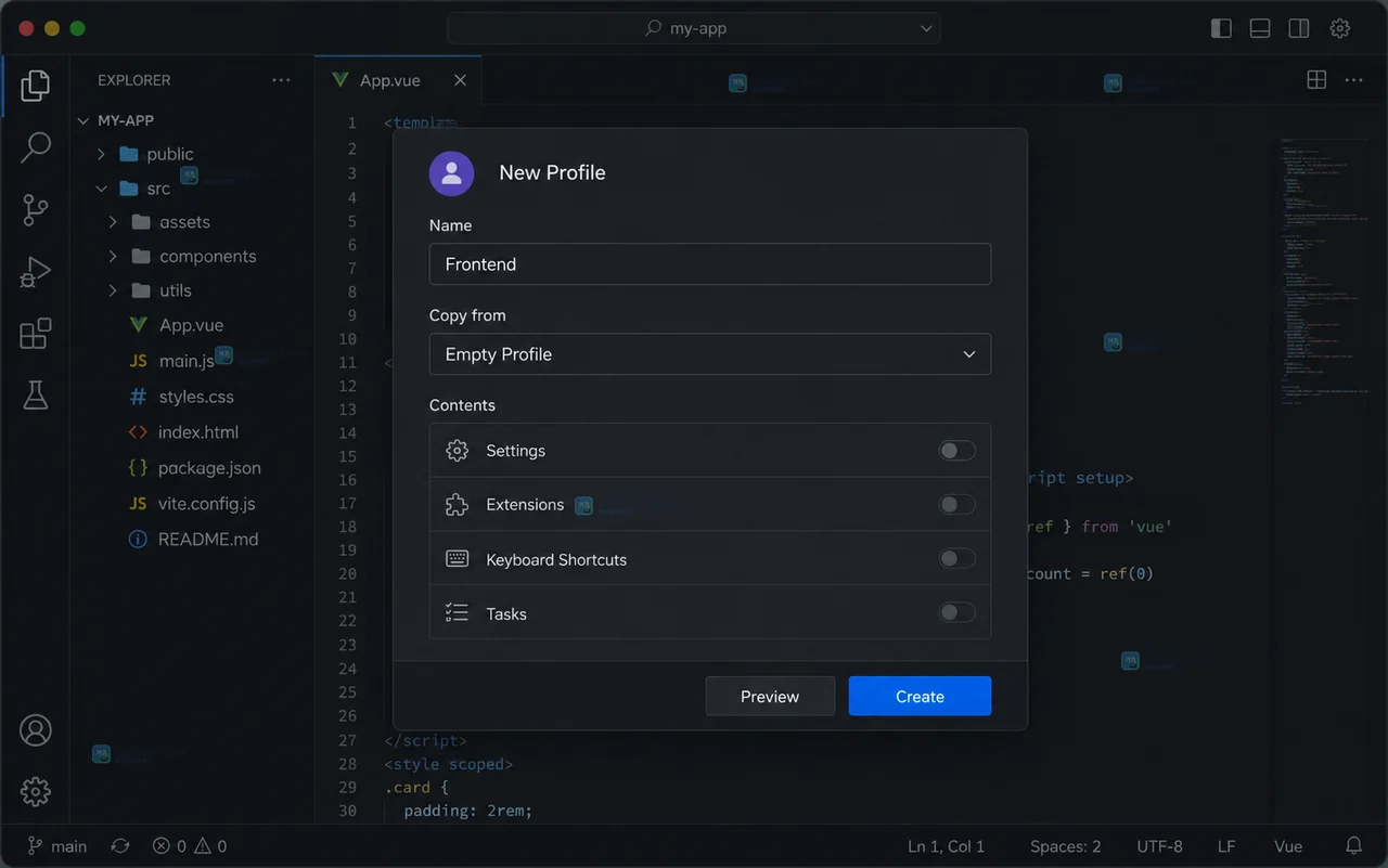 VS Code 风格原创界面显示 File Preferences Profiles 菜单和 Profiles 编辑器入口
