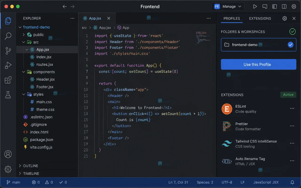 VS Code 风格原创界面显示 Frontend 标题、Folders and Workspaces 关联和当前扩展集合