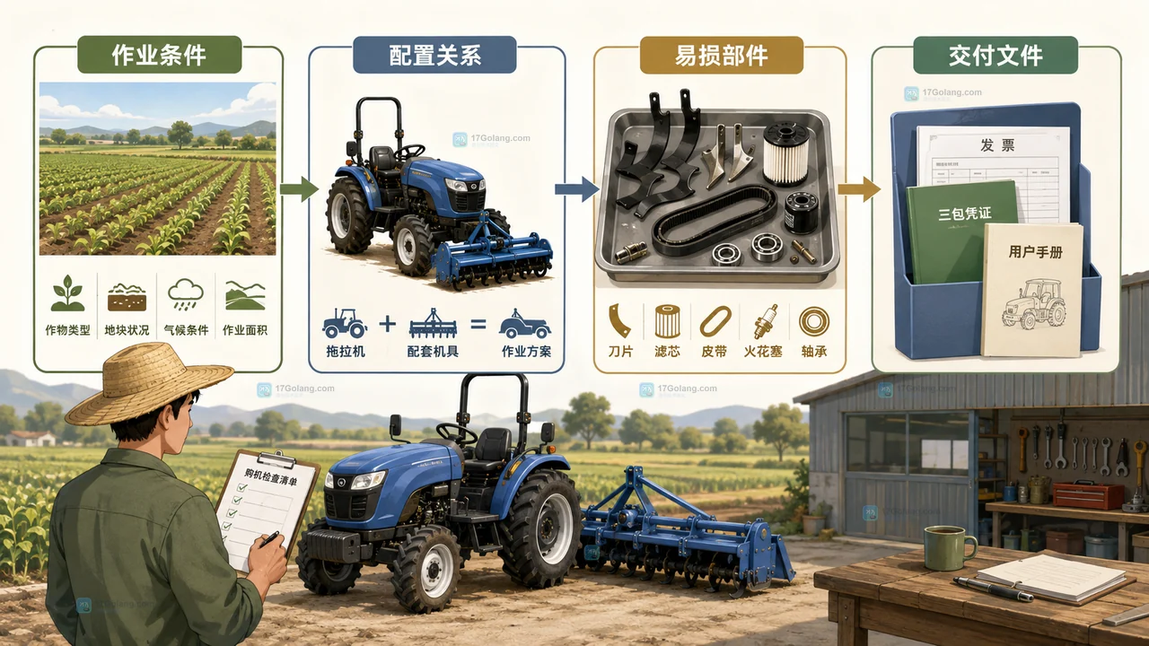 农机售后说明图展示销售者、授权修理者、配件仓和农场之间的报修与供件链路