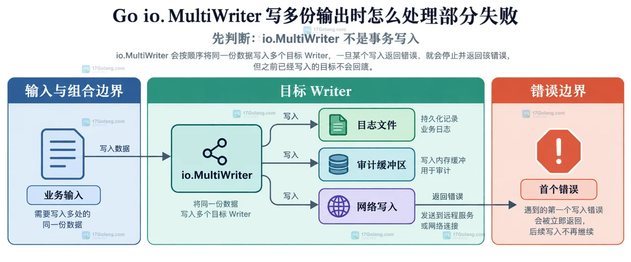 Go io.MultiWriter 部分失败中同一字节切片、三个目标、io.ErrShortWrite 与补偿策略的静态关系