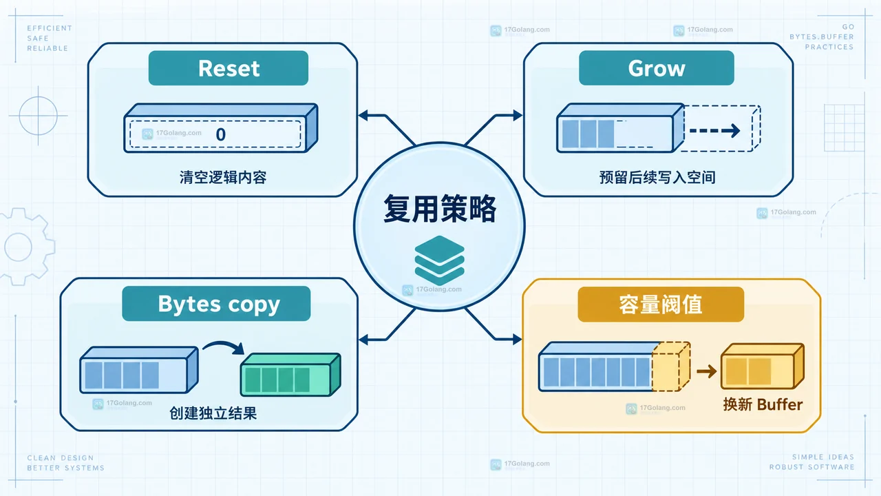 Go bytes.Buffer 复用中的逻辑长度、底层容量和输出切片边界关系图