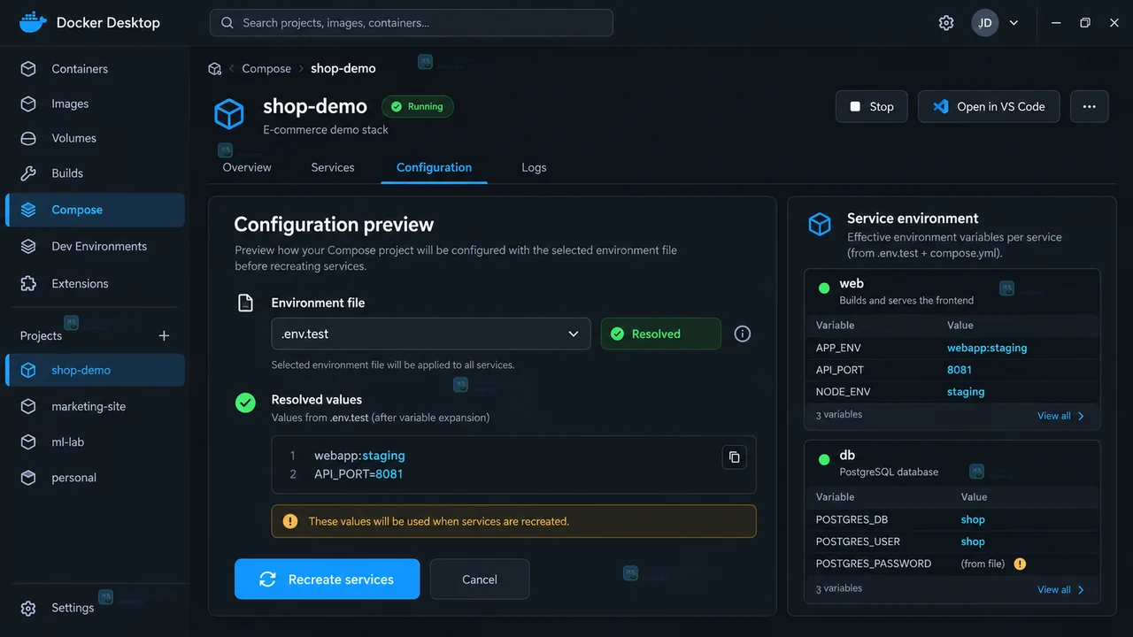 Docker Desktop 风格 Compose 项目界面中区分插值来源与容器环境来源