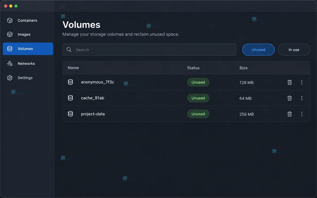 Docker Desktop 卷详情显示 Container in-use 为空并弹出 Delete forever 确认框