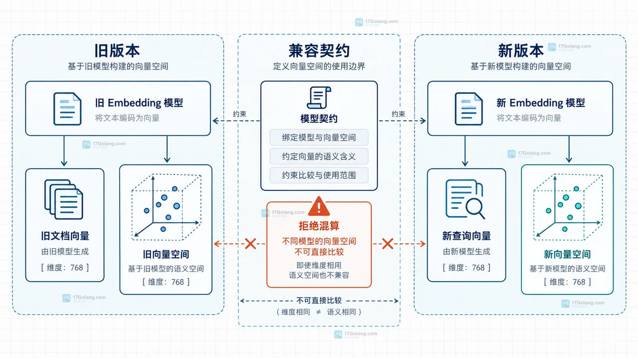 Embedding 向量库迁移中双写回填、版本索引、离线查询集与检索别名的关系图