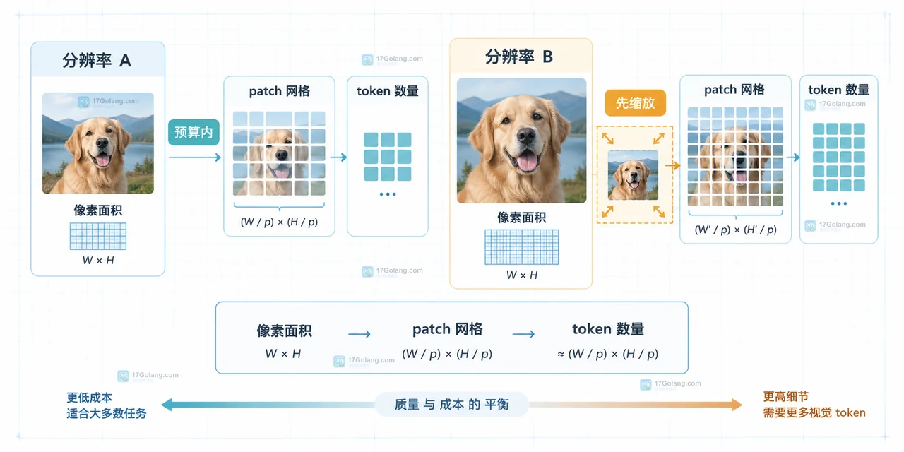 多模态模型服务端从原图到像素预算、processor和视觉token的关系图