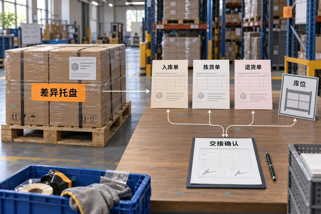 仓库盘点复核桌面按收货、拣货、退货、交接四个业务分区整理库存差异