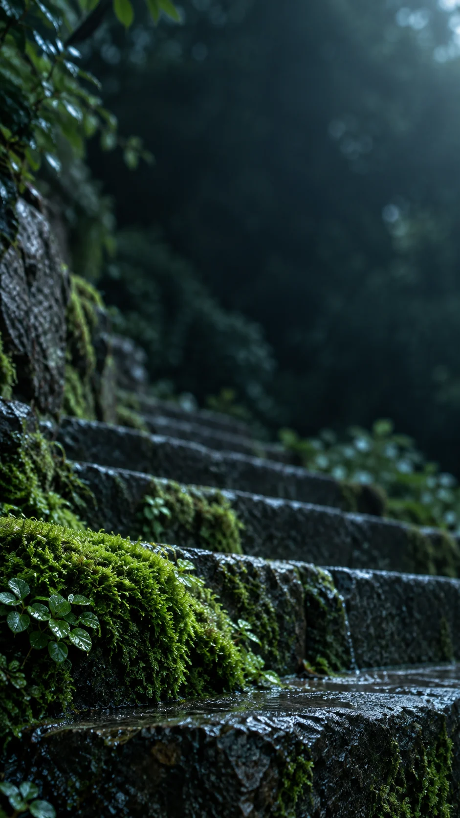 雨后青苔石阶手机壁纸主图,湿润微距纹理集中在下半部,顶部保留深青灰锁屏留白