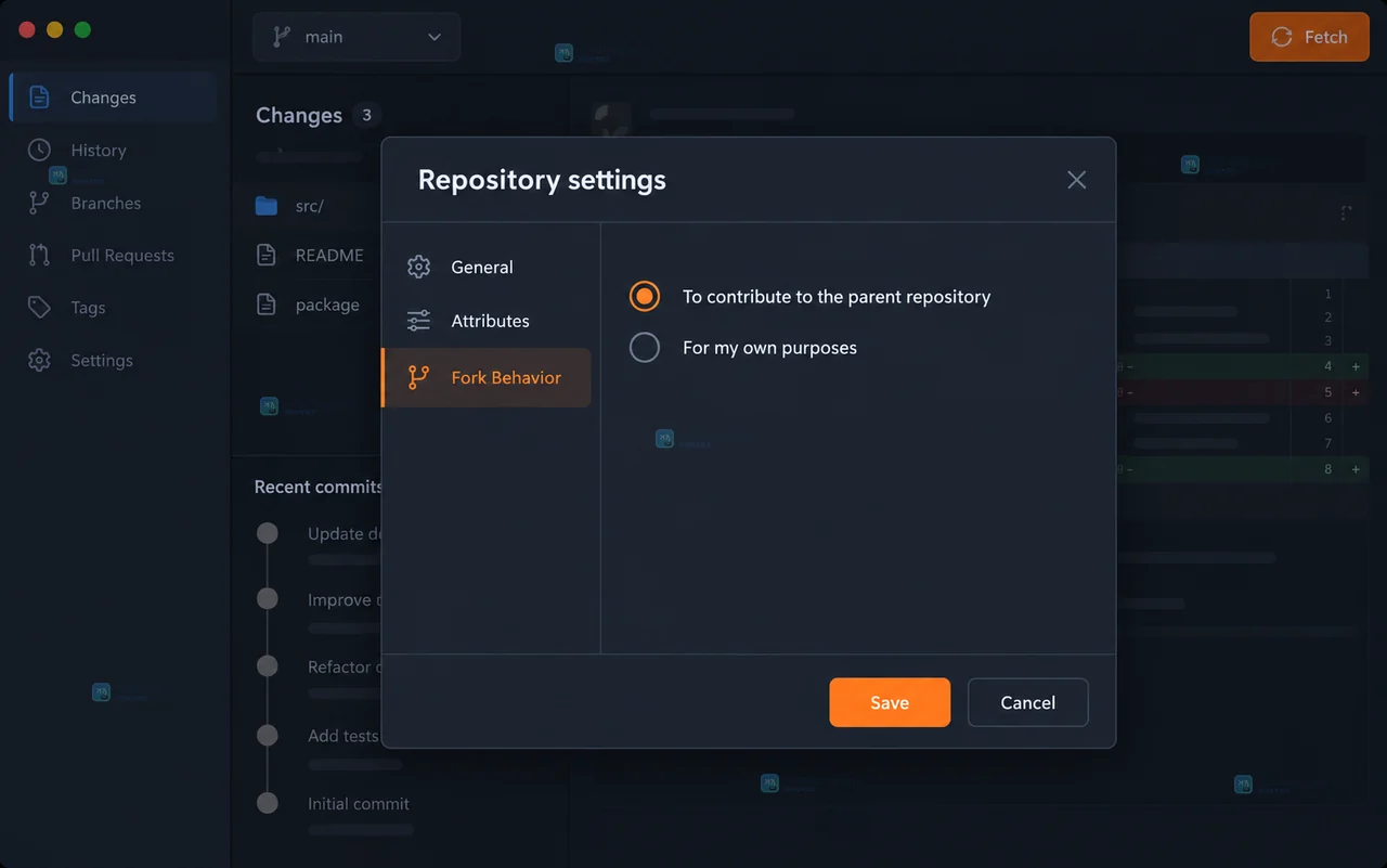 GitHub Desktop 当前仓库和 Current Branch 下拉菜单中的功能分支状态
