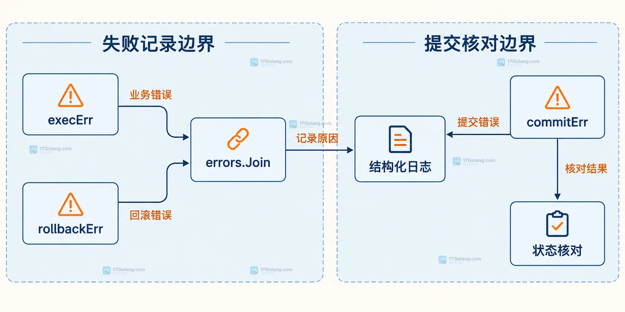 Go database/sql 事务中 BeginTx、业务语句、业务错误、Rollback、Commit 与提交状态的错误边界关系图