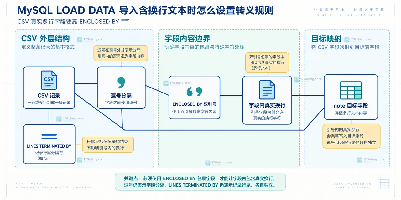 MySQL LOAD DATA 中字段分隔、转义前缀和记录行尾的静态边界关系图