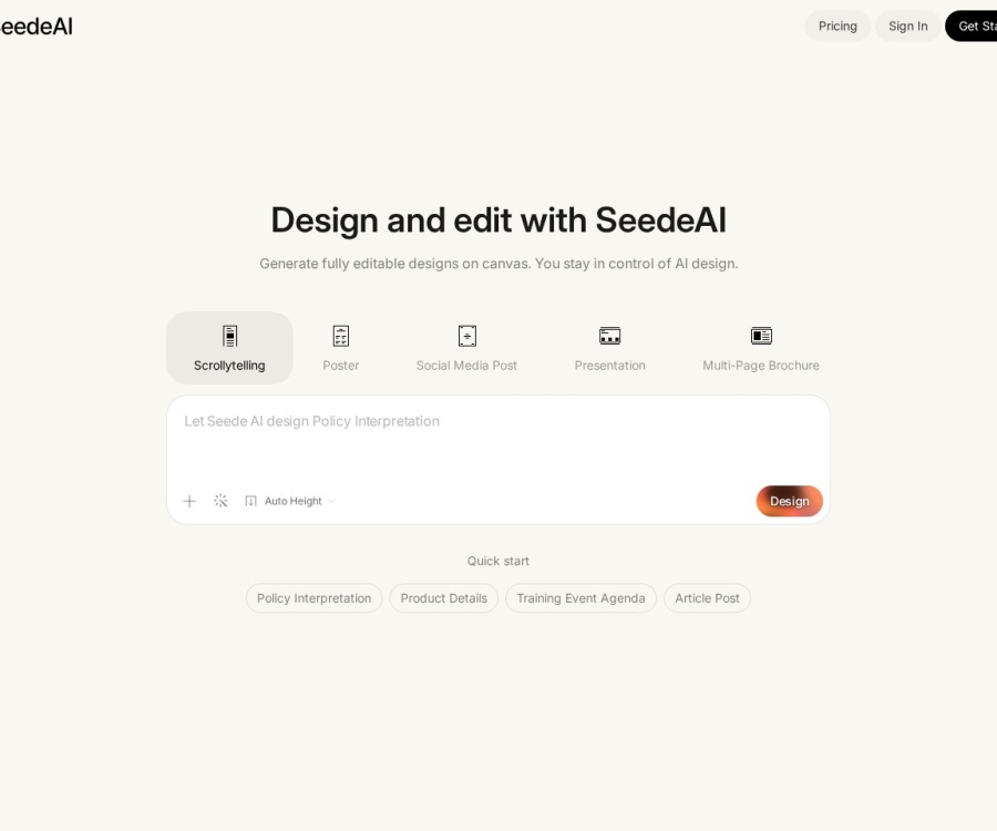Seede AI：零基础AI设计工具，自动生成可编辑PSD/PPT源文件