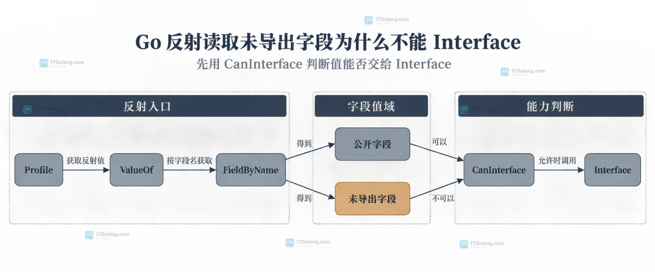 Go reflect ValueOf、FieldByName、CanInterface 与 Interface 在公开字段和未导出字段值域之间的关系图