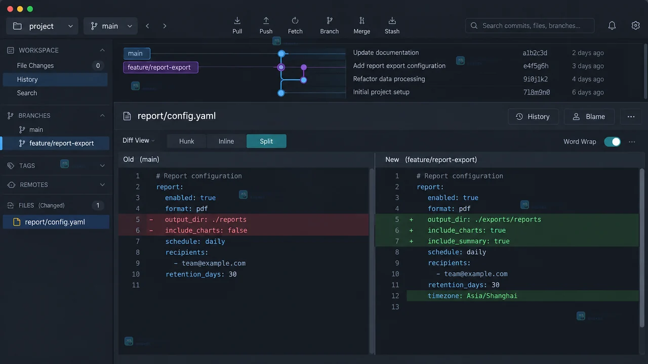 GitKraken Desktop Commit Graph 选择两个提交并在 Commit Panel 显示比较范围的原创界面状态图