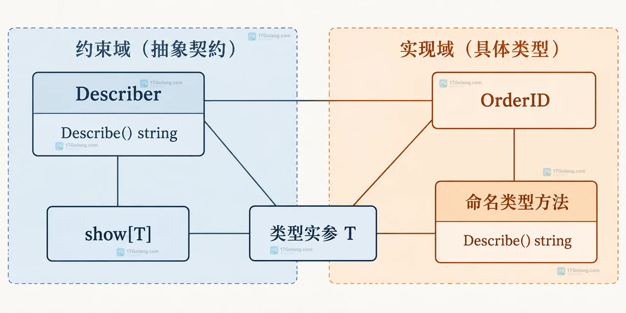 Go 泛型类型集与方法集的静态边界关系图，展示底层类型集合和可调用方法交集