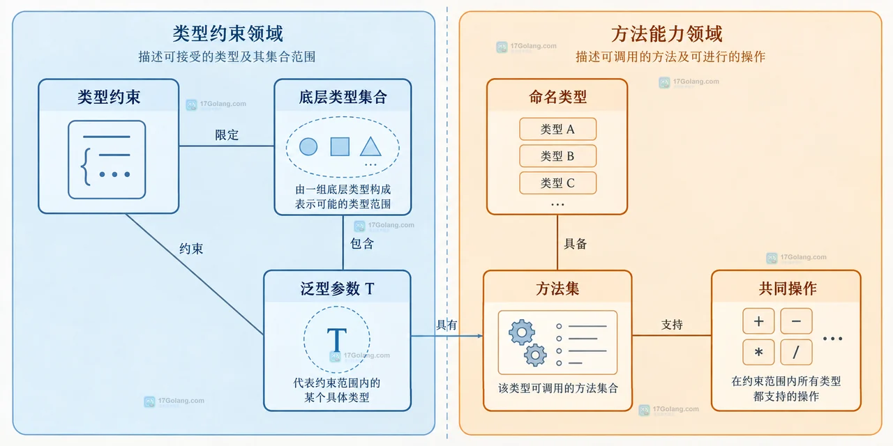 Go 泛型约束显式声明 Describe 方法的静态契约图，展示类型实参与方法调用的关系