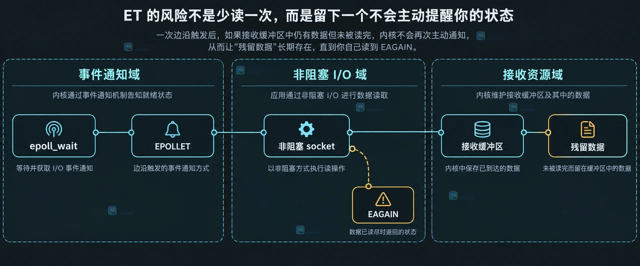 Linux epoll ET 事件循环中就绪队列、读取预算、连接状态和关闭清理之间的静态关系