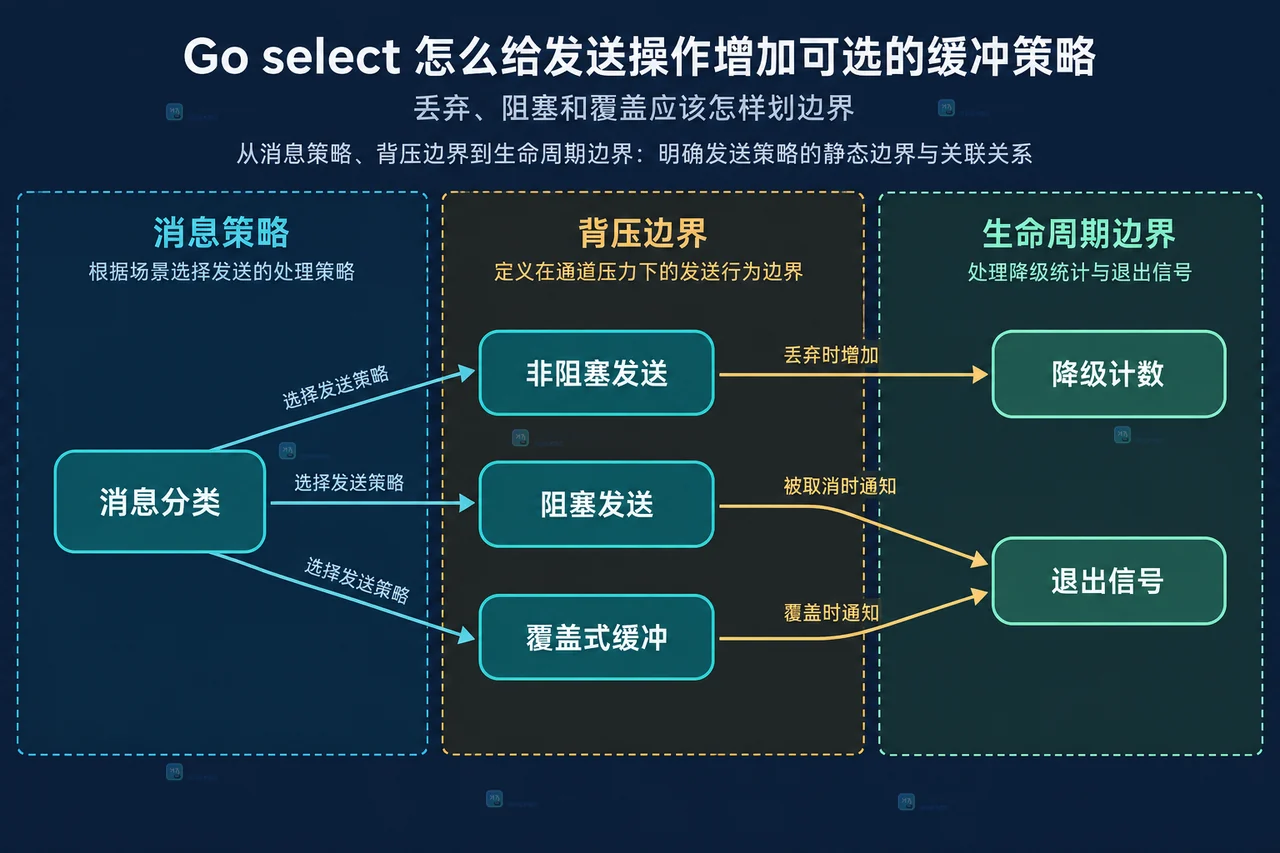 Go select 发送方、事件通道、缓冲队列与 default 降级出口的静态关系图