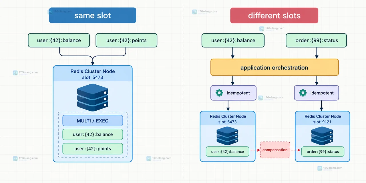 Redis Cluster 普通键与带相同哈希标签的键在 hash slot 中的静态结构关系