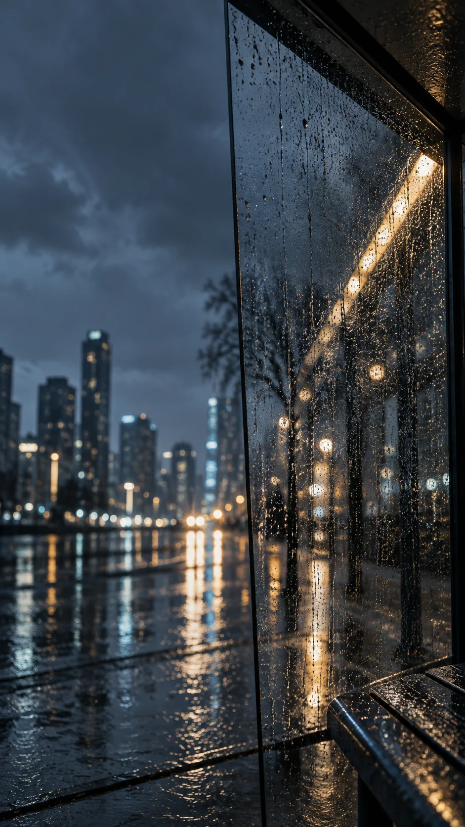 银灰城市雨窗手机壁纸中的前景雨滴、中景倒影与远处城市散景
