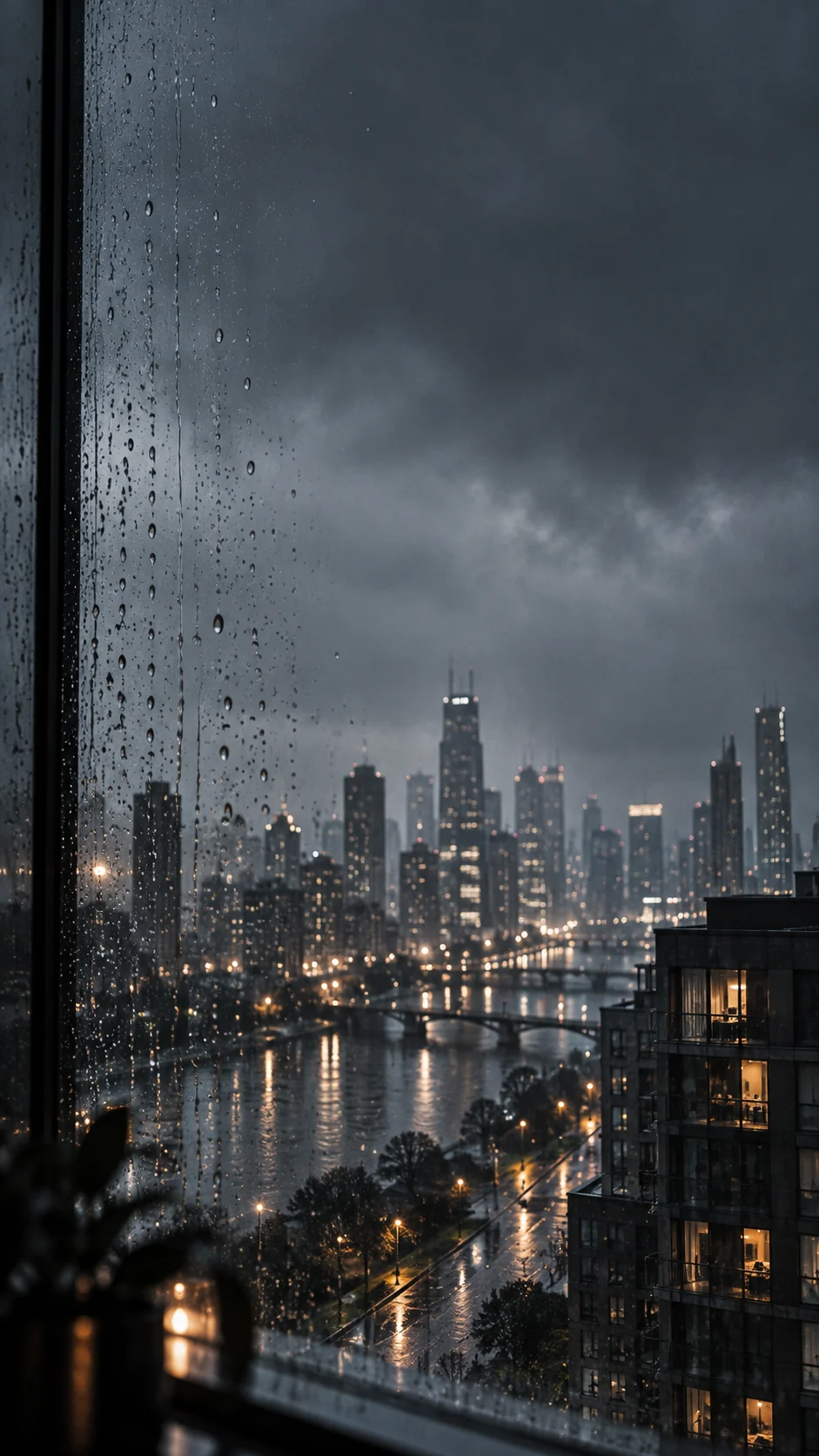银灰雨窗手机壁纸变体中的斜向反光、下半部城市光点与左上留白