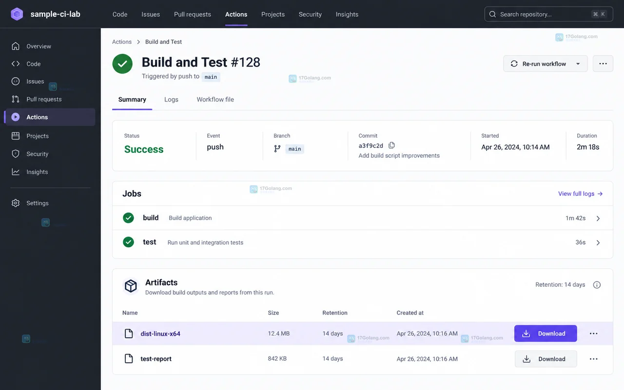 GitHub Actions workflow runs 页面中按 workflow、分支、提交和 Success 状态定位目标运行记录的原创界面状态图
