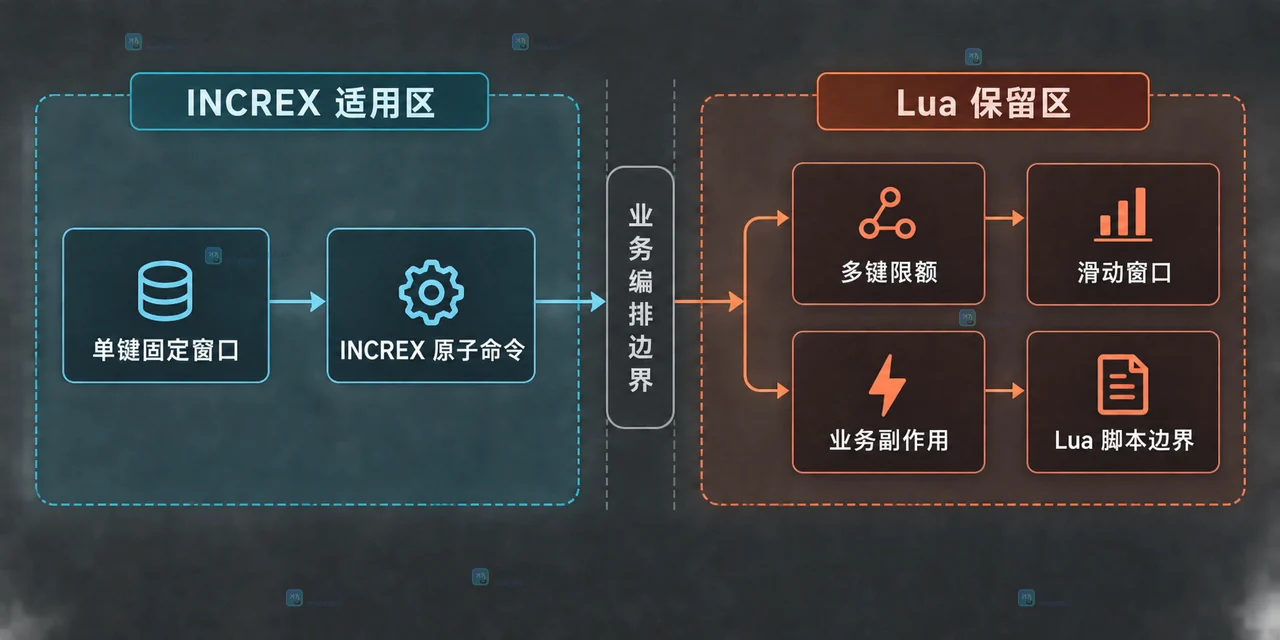 Redis INCREX 将请求计数器、BYINT 增量、UBOUND 上限与 EX ENX 窗口时间域关联的静态技术框图