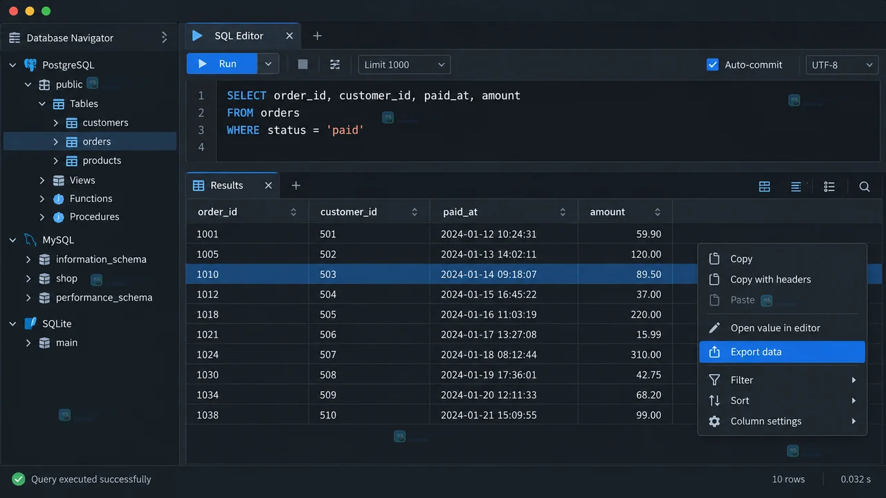 DBeaver CSV 导出向导显示结果集列、Use fetched rows 和本地输出文件设置