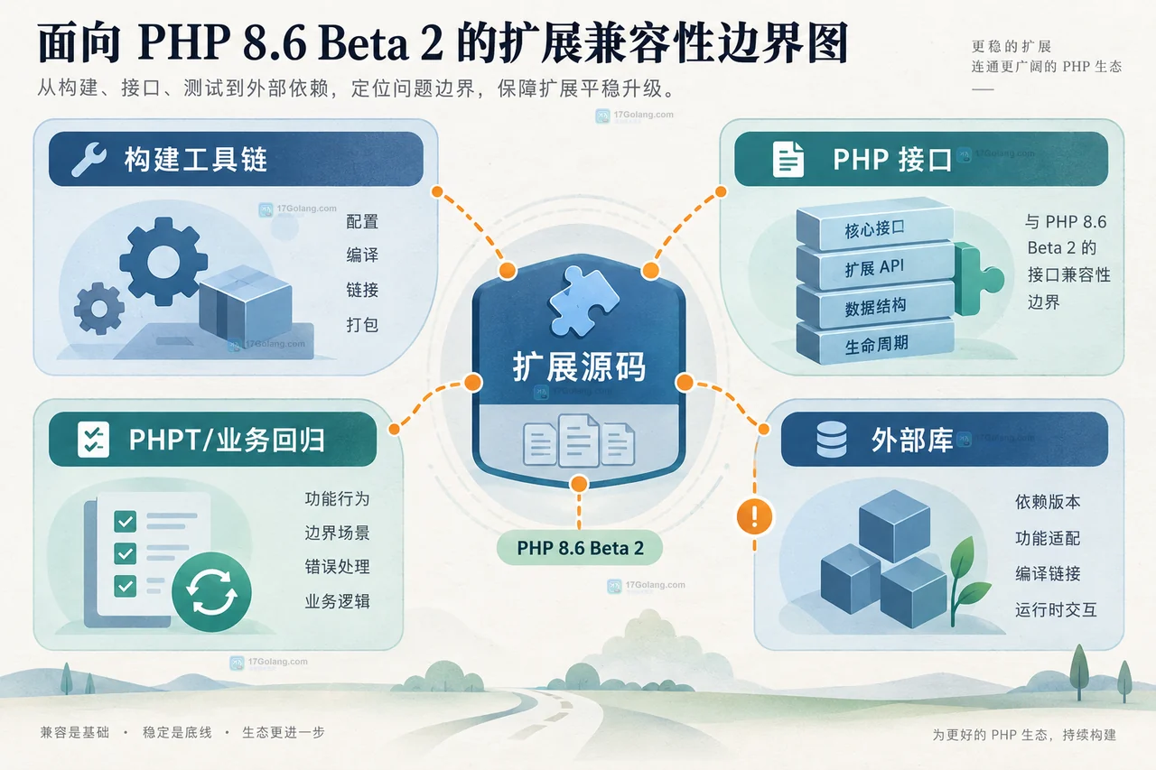 PHP 8.6 Beta 2 从测试输入进入扩展构建和回归测试并与生产隔离的关系图