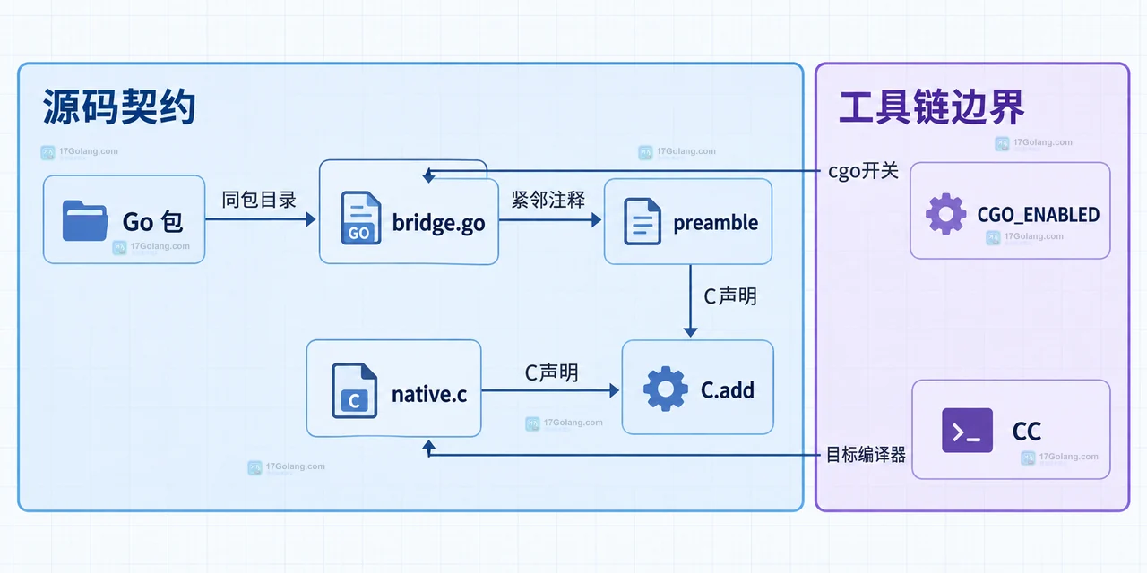 Go cgo 构建选择关系图,展示 go 命令、包目录、import C、cgo 约束与 C 编译器之间的静态关系