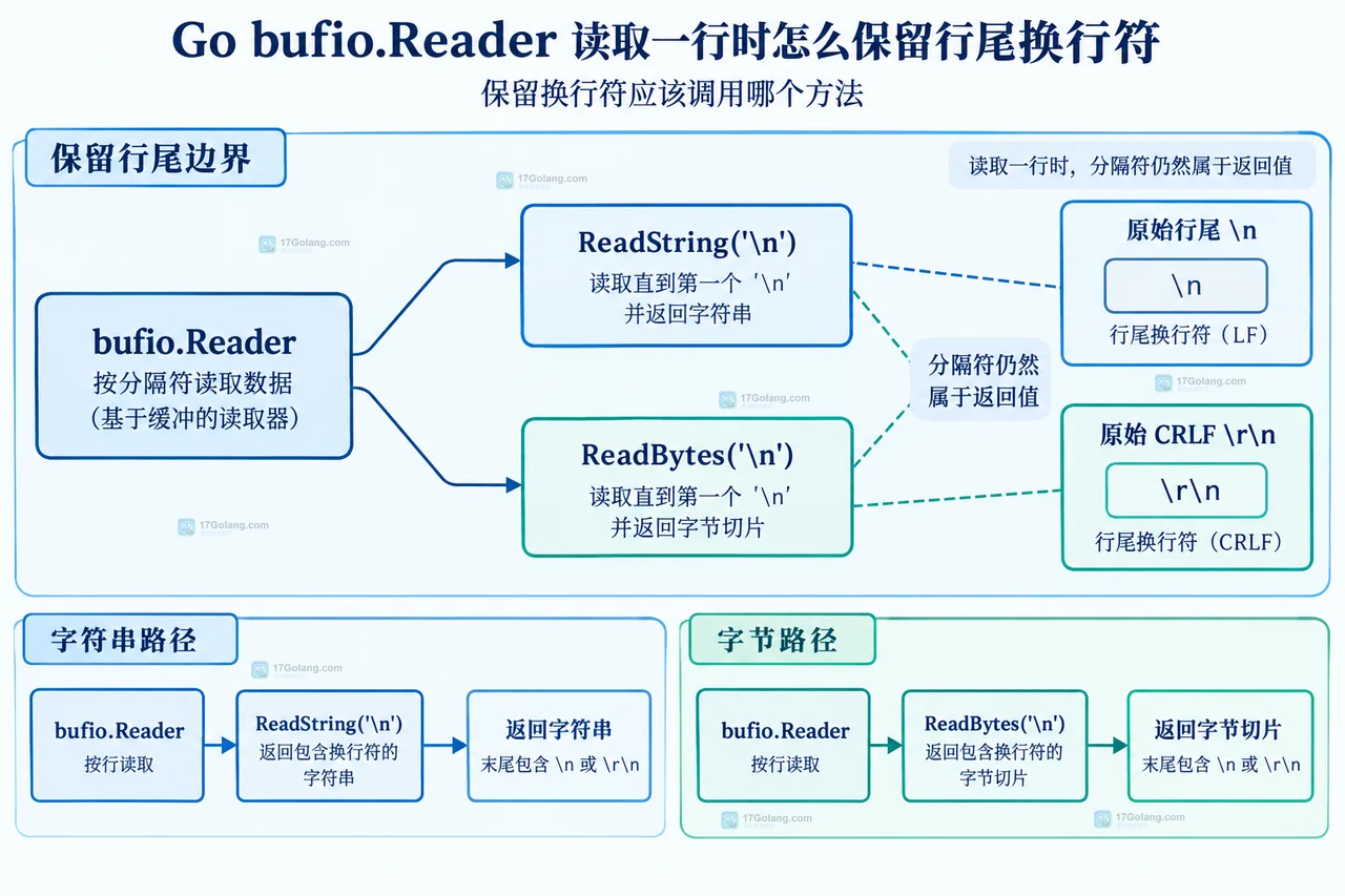 Go bufio.Reader 在完整行与无末尾换行的 EOF 片段之间保留数据边界的静态关系图