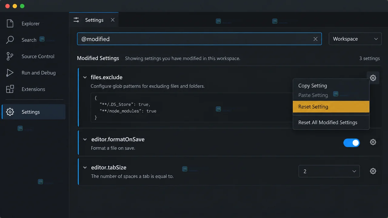 VS Code 工作区设置入口,Workspace 标签在当前项目设置编辑器中被选中