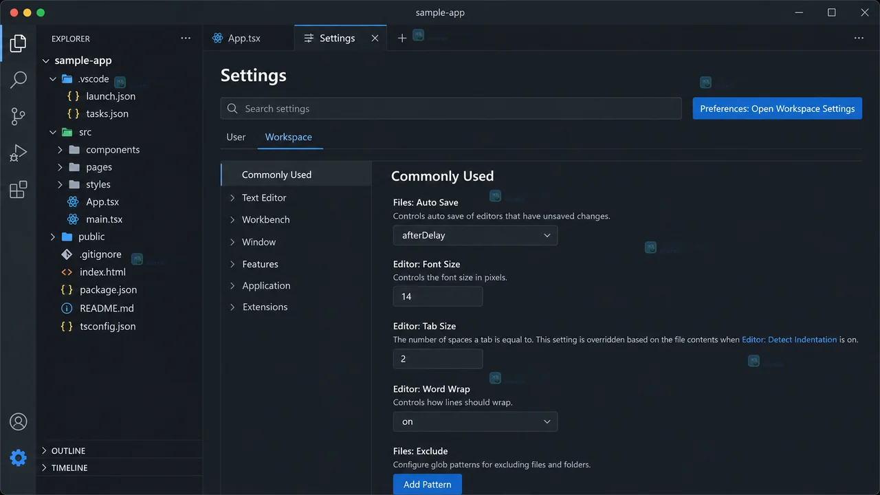 VS Code 两个项目分别显示独立 Workspace 设置,当前项目隐藏 node_modules 而另一个项目保持独立