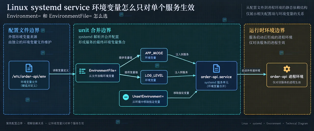 Linux systemd order-api.service 的 Service drop-in、Environment 配置与单个服务进程边界关系图