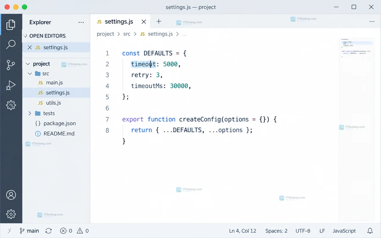 VS Code 风格编辑器中打开 settings.js,光标位于完整 timeout 词内,Explorer 显示当前文件