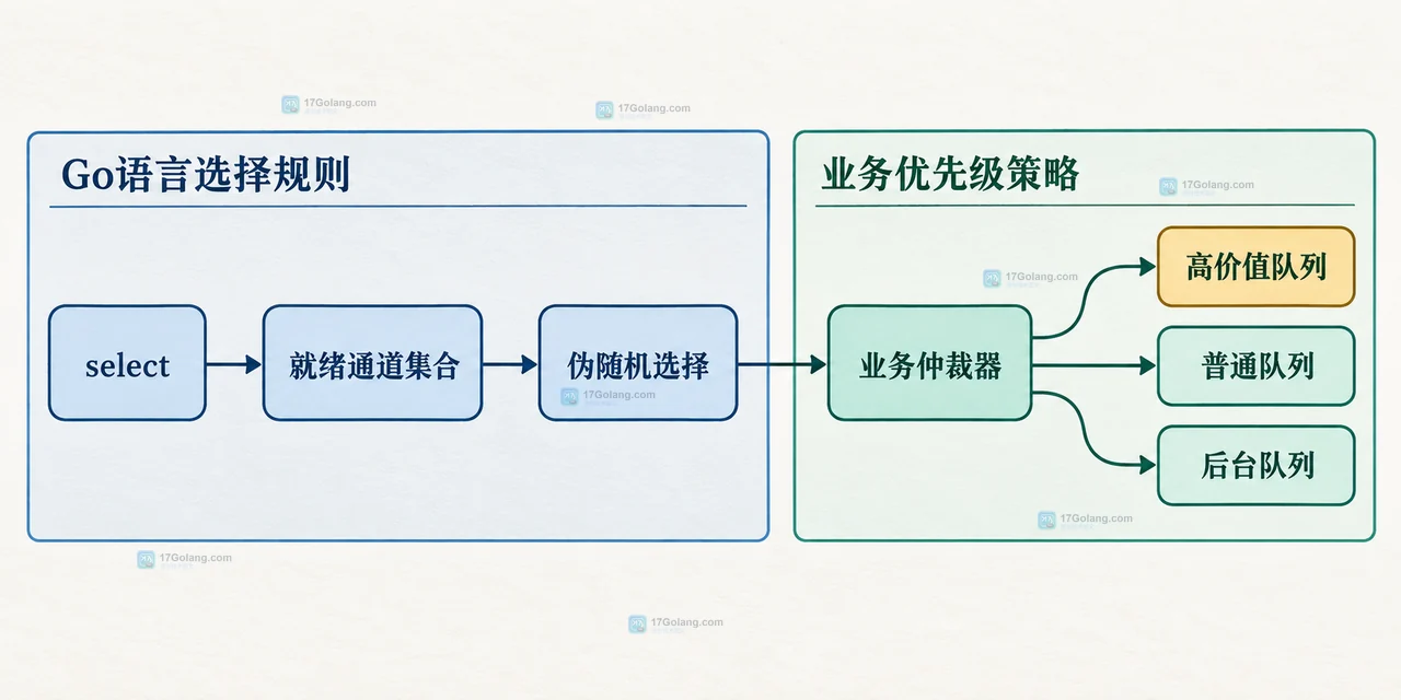Go highCh normalCh backgroundCh 与优先探测、主 select、预算计数器的关系图