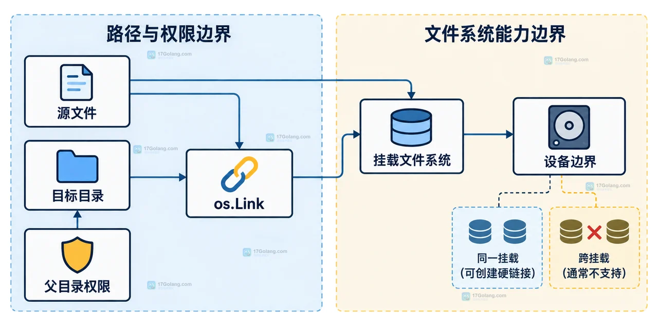 Go os.Link LinkError 按 EXDEV、EPERM、EACCES、EEXIST 和 ENOENT 分类的静态关系框图