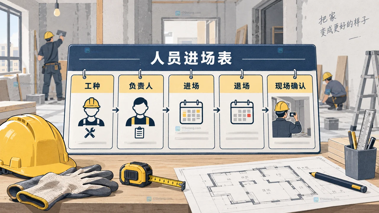 装修材料标签、采购凭证、到货照片、检查结论和使用工序相互关联的原创说明图