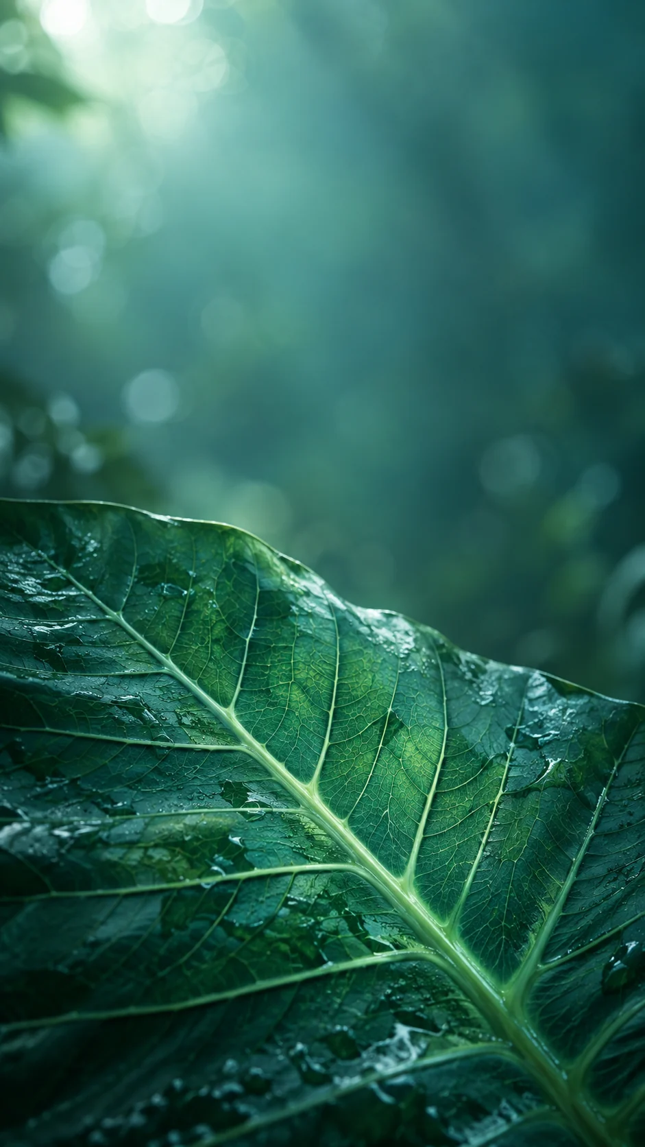 深青蓝与暖金光线的雨林叶脉手机壁纸变体，顶部低纹理留白