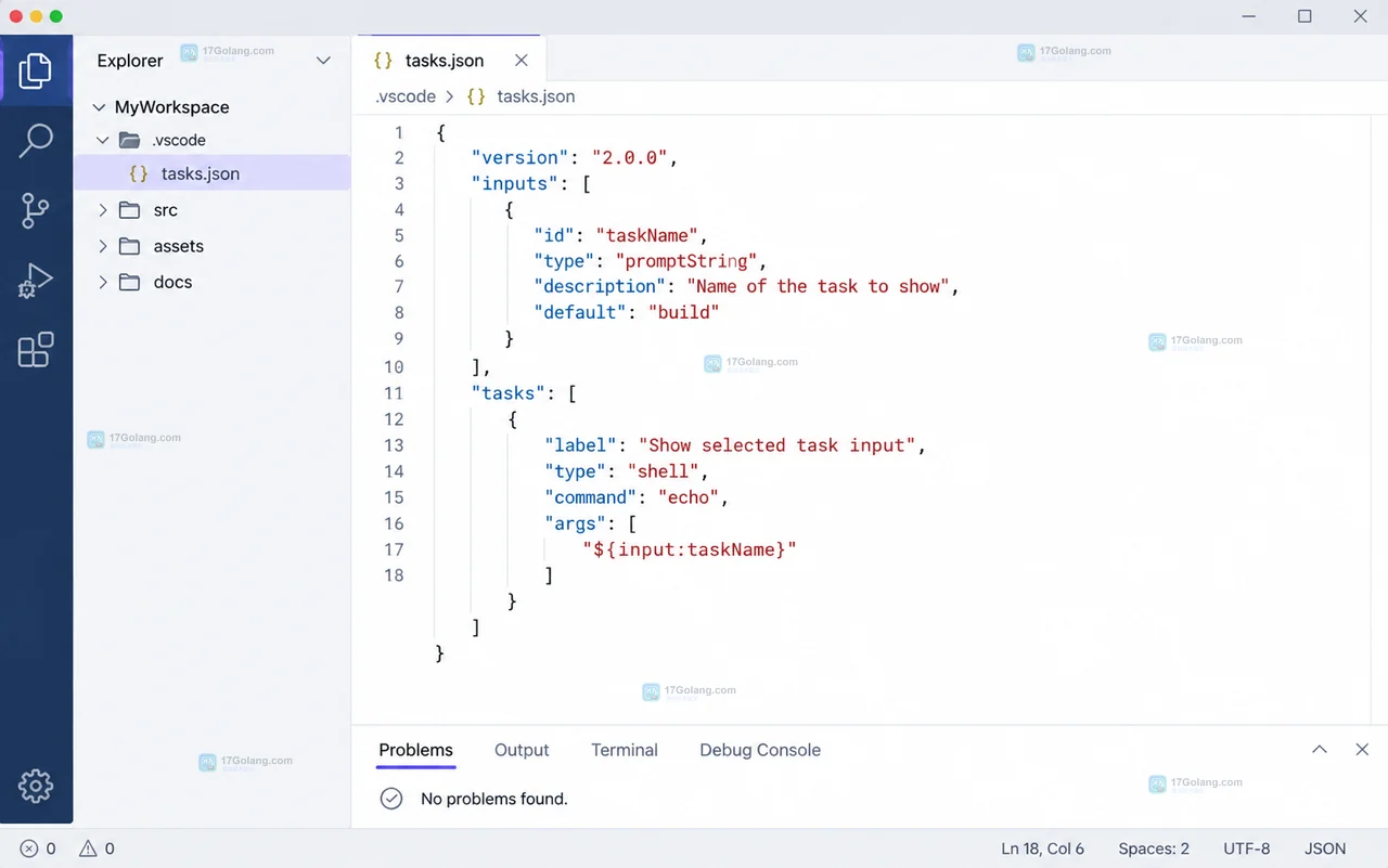 VS Code 风格原创界面中展示 tasks.json 的 inputs 声明和参数引用