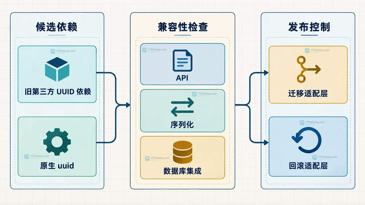 Go 1.27 原生 uuid 包与生成解析比较和项目依赖边界的关系图
